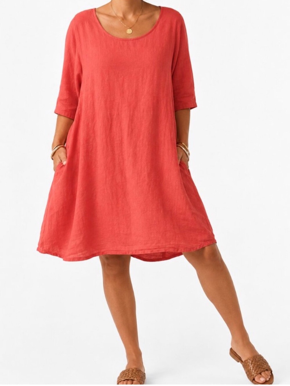 Bryn Walker Linen Scoop Neck Elbow Sleeve A-Line Dress Coral Red‎ Size Small